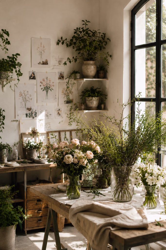 A sunlit flower studio with seasonal bouquets