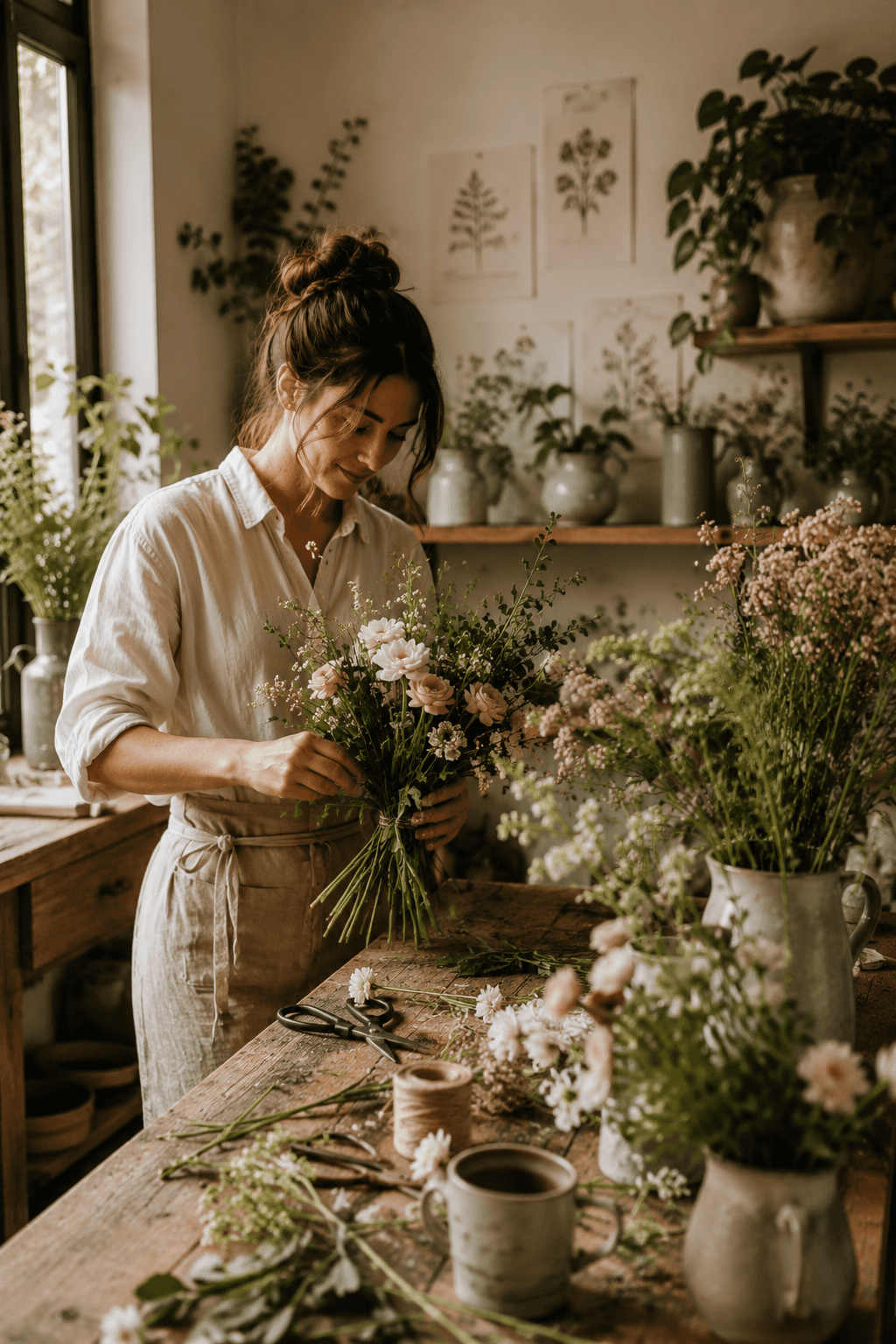 A florist carefully arranging seasonal flowers in a sunlit studio