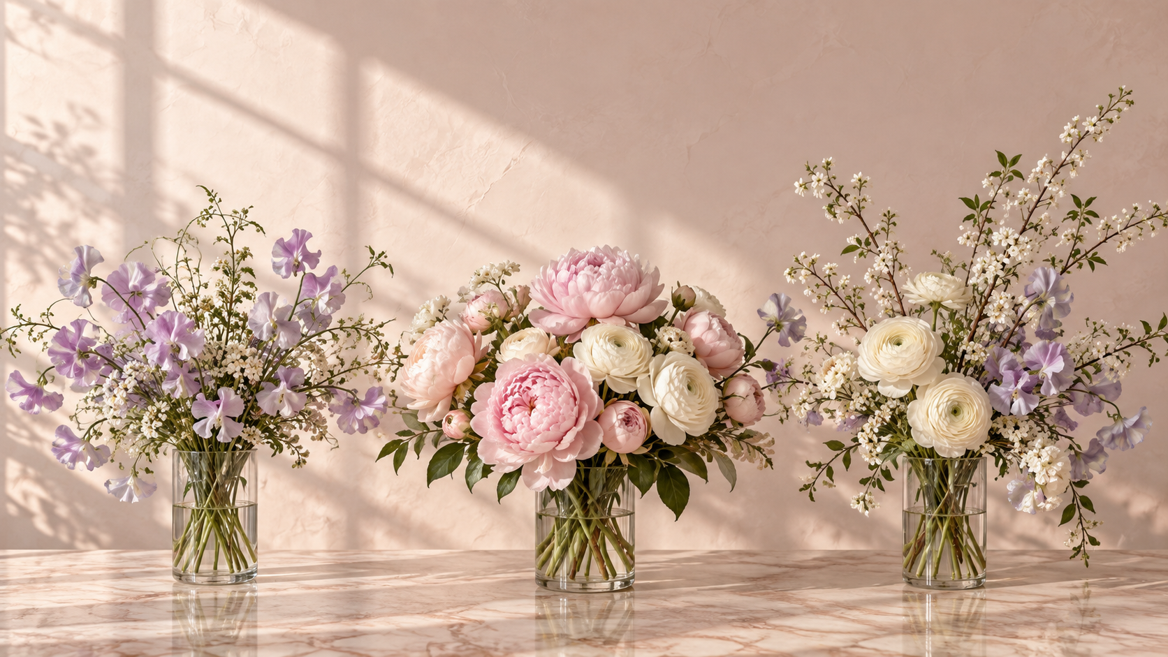 Pink peonies, lilac sweet peas and ivory blooms in three glass vases, bathed in morning light